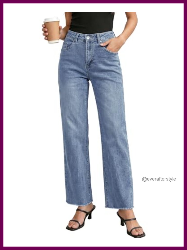High Waisted Stretchy Straight Leg Jeans Frayed Raw Hem Loose Denim Pants